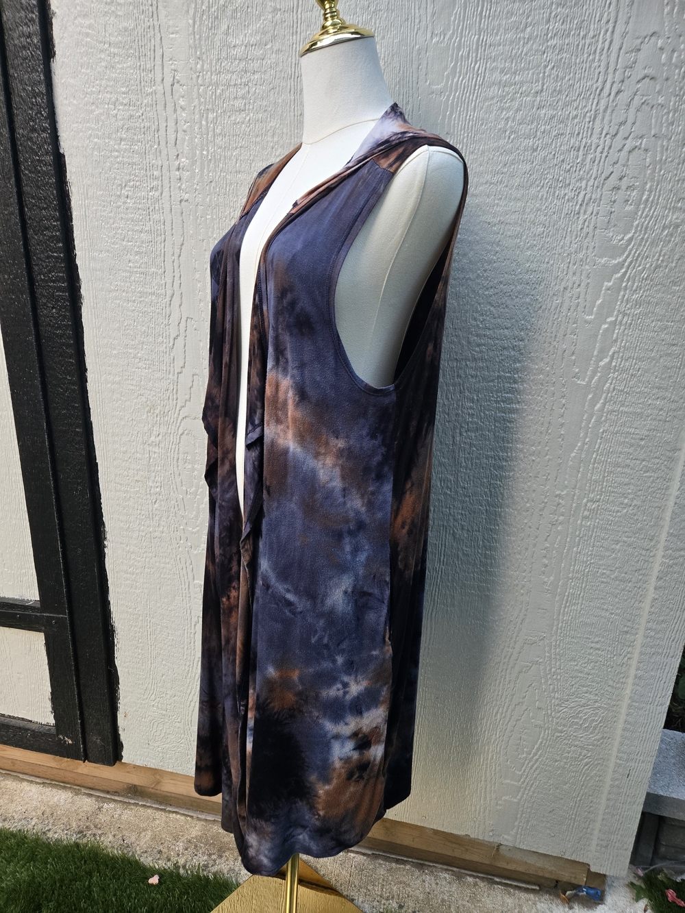 Coin 1804 Draped Waterfall Cardigan Vest Womens Large Blue Brown Tie Dye Hoodie